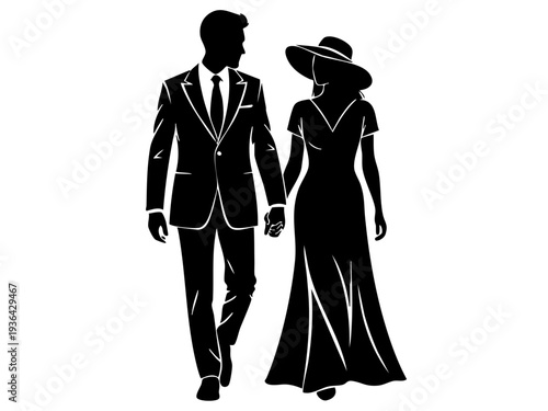 Couple walking together happily outdoors in formal wear and hat