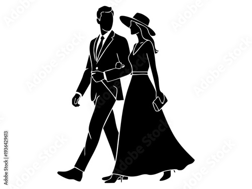 Elegant couple walking together outdoors in formal attire at night