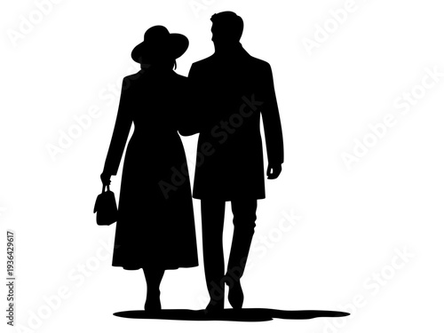 A man and woman walk together in a romantic evening stroll silhouette
