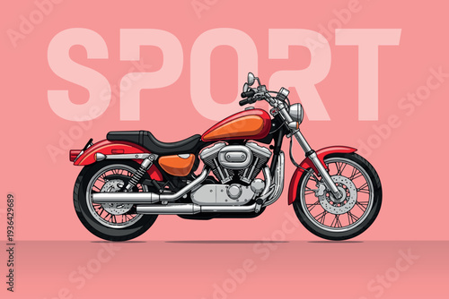 Classic cruiser motorcycle with detailed chrome engine accents is displayed against a soft pink background emphasizing speed and freedom.