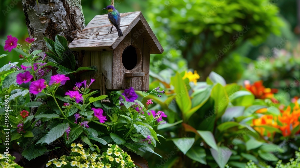 Naklejka premium Charming Birdhouse Surrounded by Vibrant Flowers and Lush Greenery in a Serene Garden Setting