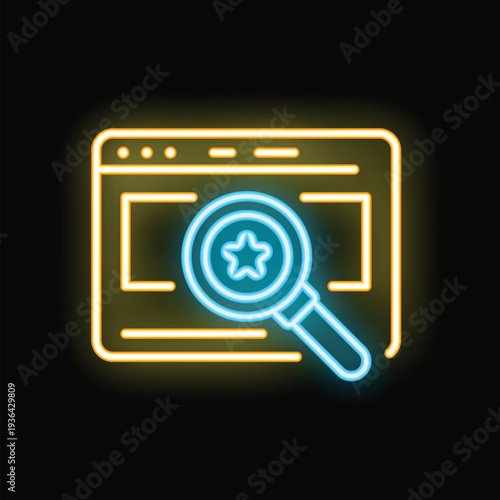 Neon icon of a magnifying glass hovering over a website, searching for the best content marketing strategy