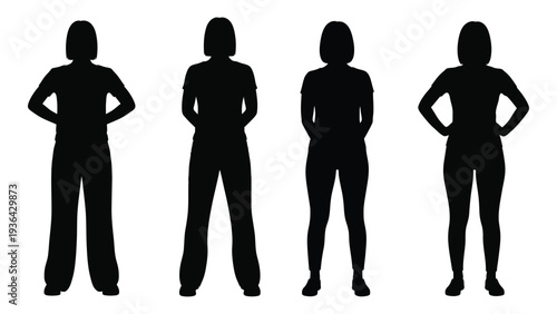 Four silhouetted figures of women standing with hands on hips