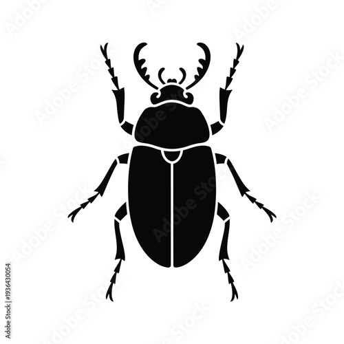 Stylized black silhouette of a stag beetle with prominent mandibles
