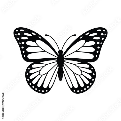 A symmetrical black and white illustration of a monarch butterfly