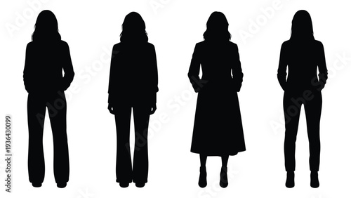 Four silhouetted figures of women standing in a row facing forward
