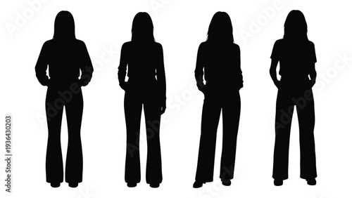 Four silhouetted figures of women in flared trousers pose against a white background