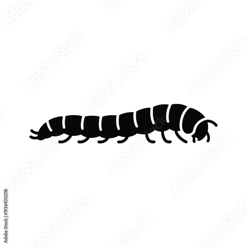 Simple black silhouette of a caterpillar crawling on a white background