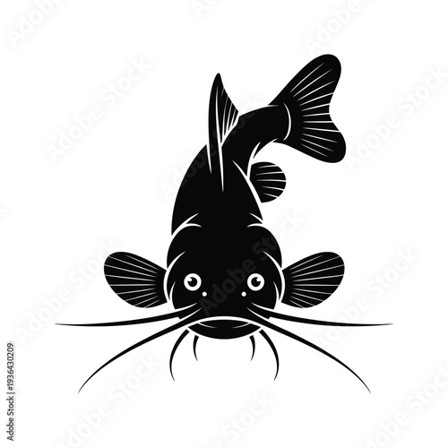 Stylized black silhouette of a catfish with prominent whiskers and fins