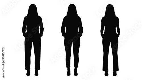 Three identical silhouettes of women standing with hands in pockets