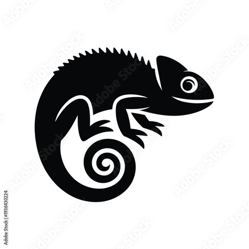 Stylized black silhouette of a chameleon clinging to a branch