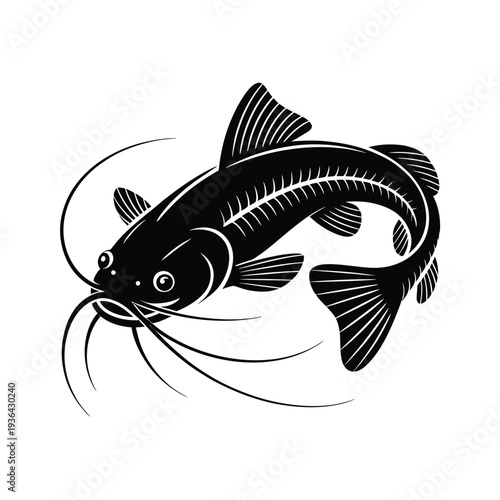 Stylized black and white illustration of a catfish swimming gracefully
