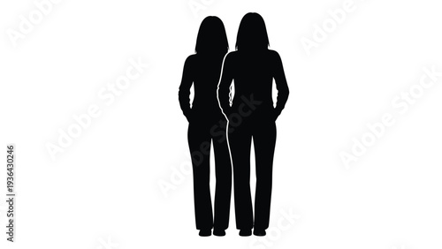 Silhouettes of two women standing closely together against a white background