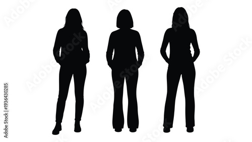 Three female silhouettes stand against a stark white background showcasing varying hairstyles