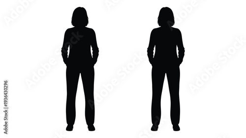 Two identical silhouettes of women standing with hands in pockets