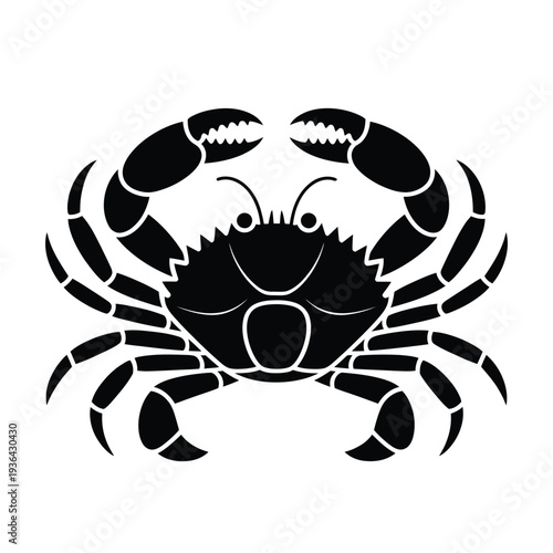 A black silhouette of a crab facing forward claws raised