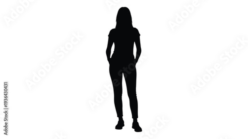 Silhouette of a woman standing with hands in pockets against a white background