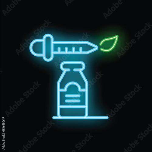Neon icon representing cbd oil with a dropper pouring oil into a bottle and a green leaf