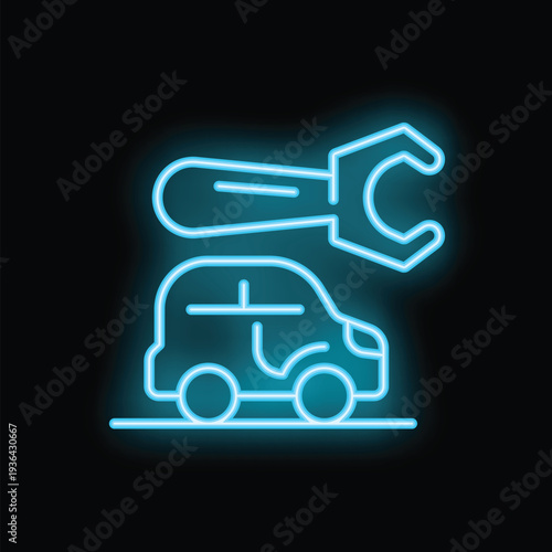 Glowing neon icon of car repair, perfect for any business related to automotive industry