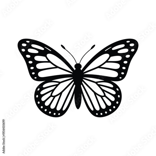 A simple black and white illustration of a monarch butterfly with open wings
