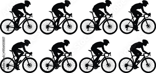 Set of road cyclist silhouettes, professional male athletes riding bicycles in racing positions for sports competition, fitness, and training concepts.