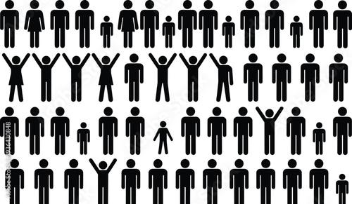 Large set of diverse human stick figure icons, family pictograms, and population silhouettes for demographic infographics, community charts, and social statistics.