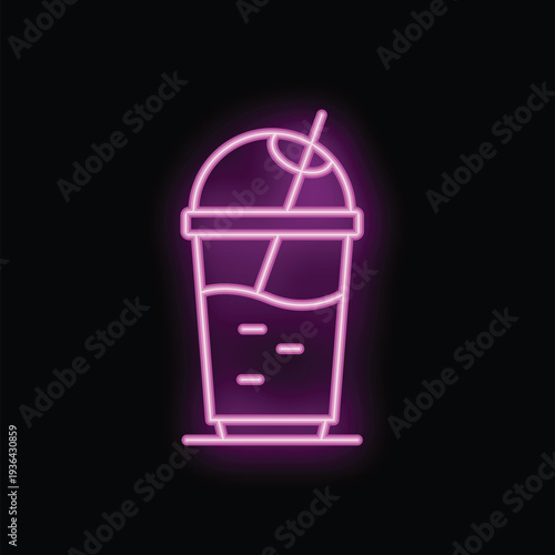 Vibrant pink neon sign depicting a refreshing cold beverage with a straw in a plastic cup with a dome lid