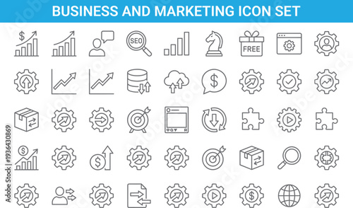 Business and marketing icon set, growth analytics symbols, SEO strategy, finance charts, optimization tools, digital success vector collection pack