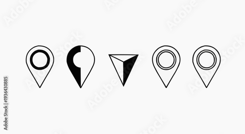 Map pointer icon set, location pin symbols in various line and solid styles for navigation and UI design