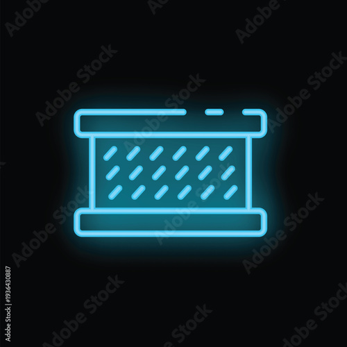Blue glowing neon icon of a replaceable air filter for hvac system showing airflow passing through filter element