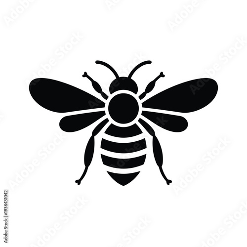 Simple black silhouette of a bee with visible wings and striped abdomen