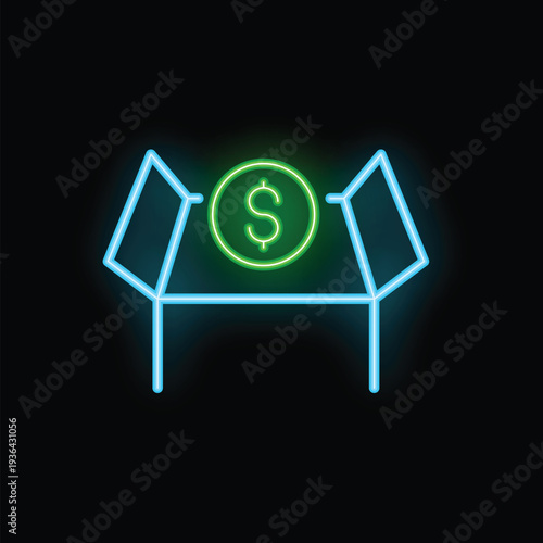 Neon green dollar sign coin is floating over an open box on a black background