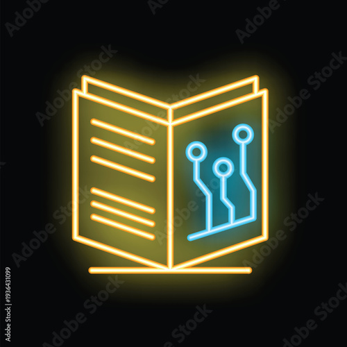 Glowing neon icon of an open book about electronics, engineering and technology, isolated on black background