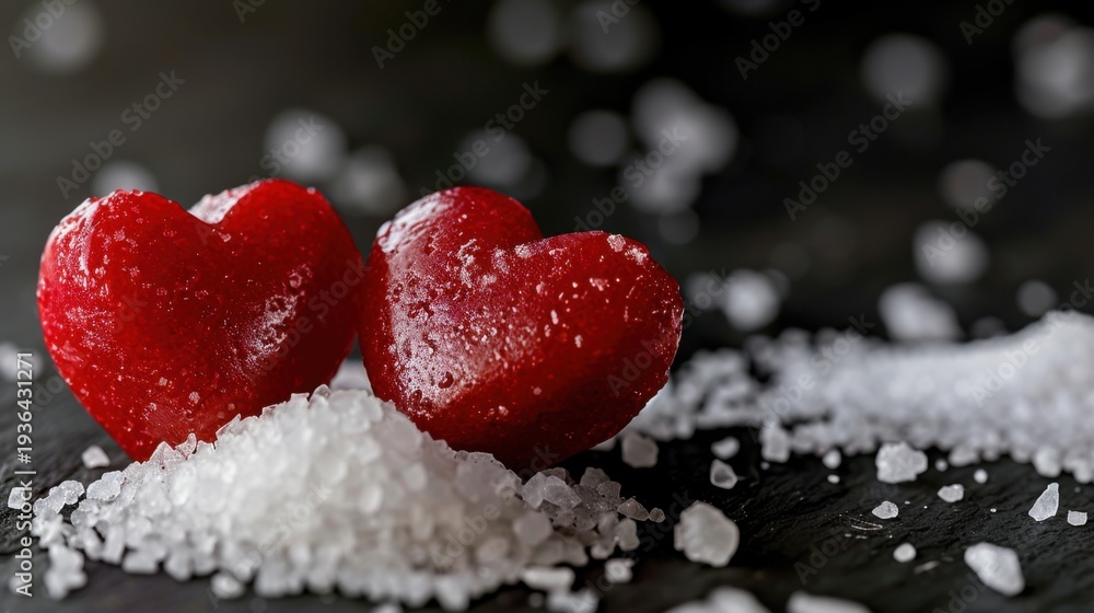 Obraz premium Sweet Red Heart-Shaped Treats on a Dark Surface Surrounded by Coarse Salt Granules for Romantic Themes