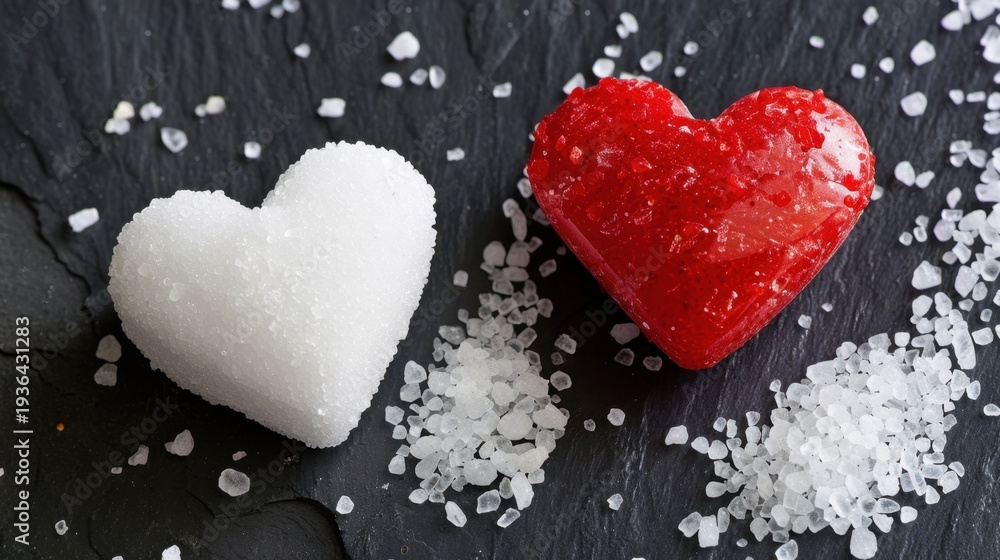 Fototapeta premium White and Red Sugar Hearts on Dark Slate Surface with Granulated Sugar Surrounding Them