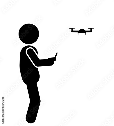 Modern surveillance drone releasing explosive grenade, bold black silhouette, minimal vector design, flat monochrome style