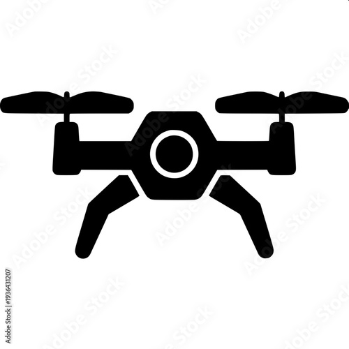 Modern surveillance drone releasing explosive grenade, bold black silhouette, minimal vector design, flat monochrome style