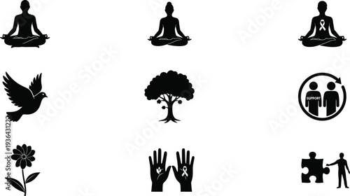 Black and white icons representing wellness and harmony
