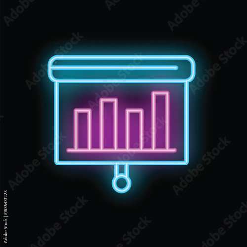 Neon sign glowing illustration of a flipchart showing a growing bar chart on black background