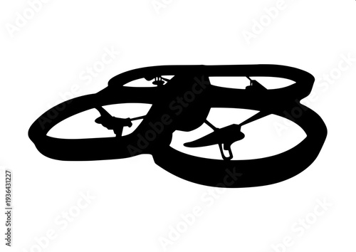 Modern surveillance drone releasing explosive grenade, bold black silhouette, minimal vector design, flat monochrome style