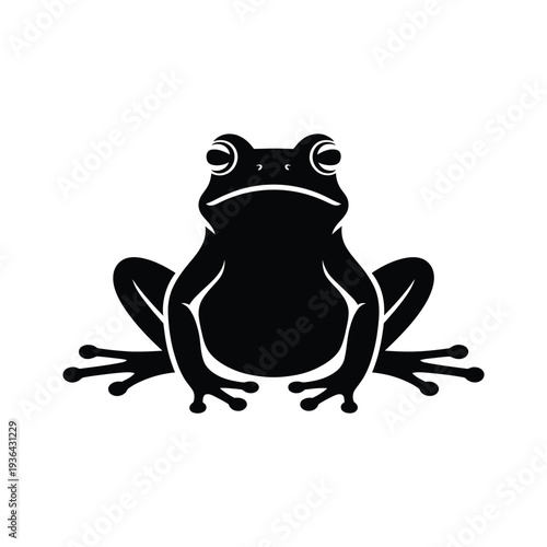 A simple black silhouette of a frog sitting with front legs visible