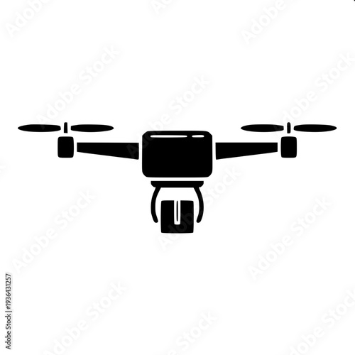 Modern surveillance drone releasing explosive grenade, bold black silhouette, minimal vector design, flat monochrome style