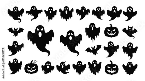 Halloween icons including ghosts bats and pumpkins
