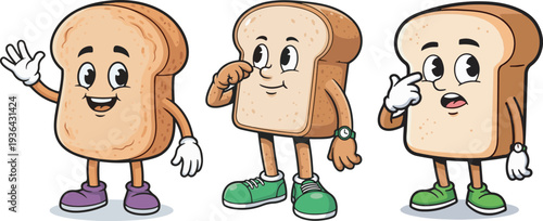 Set of 3 Cartoon Bread Slice Characters Vector Illustration with Different Poses and Expressions for Food, Bakery, or Kids' Content