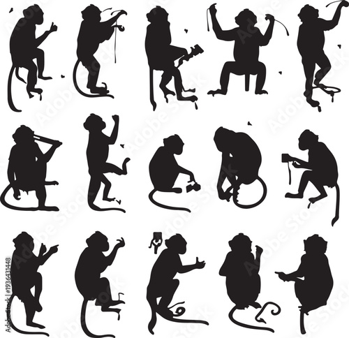 Silhouettes of various monkeys in different playful and relaxed poses