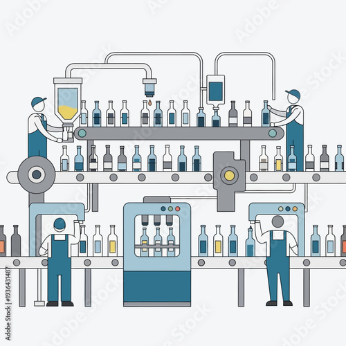 Automated beverage bottling plant with workers on conveyor belt production line