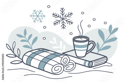 A cup of hot chocolate with a blanket and snowflakes