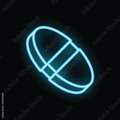 Blue neon sign illustrating a pill with a dividing line, glowing against a dark backdrop