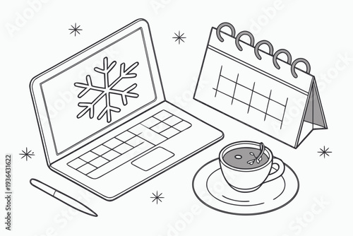 A laptop with a snowflake on the screen next to a calendar and coffee