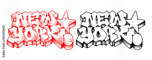 New York Graffiti Throw Up Lettering in Red and White Old School Style with Pointillism Texture and Urban Street Art Vector.
